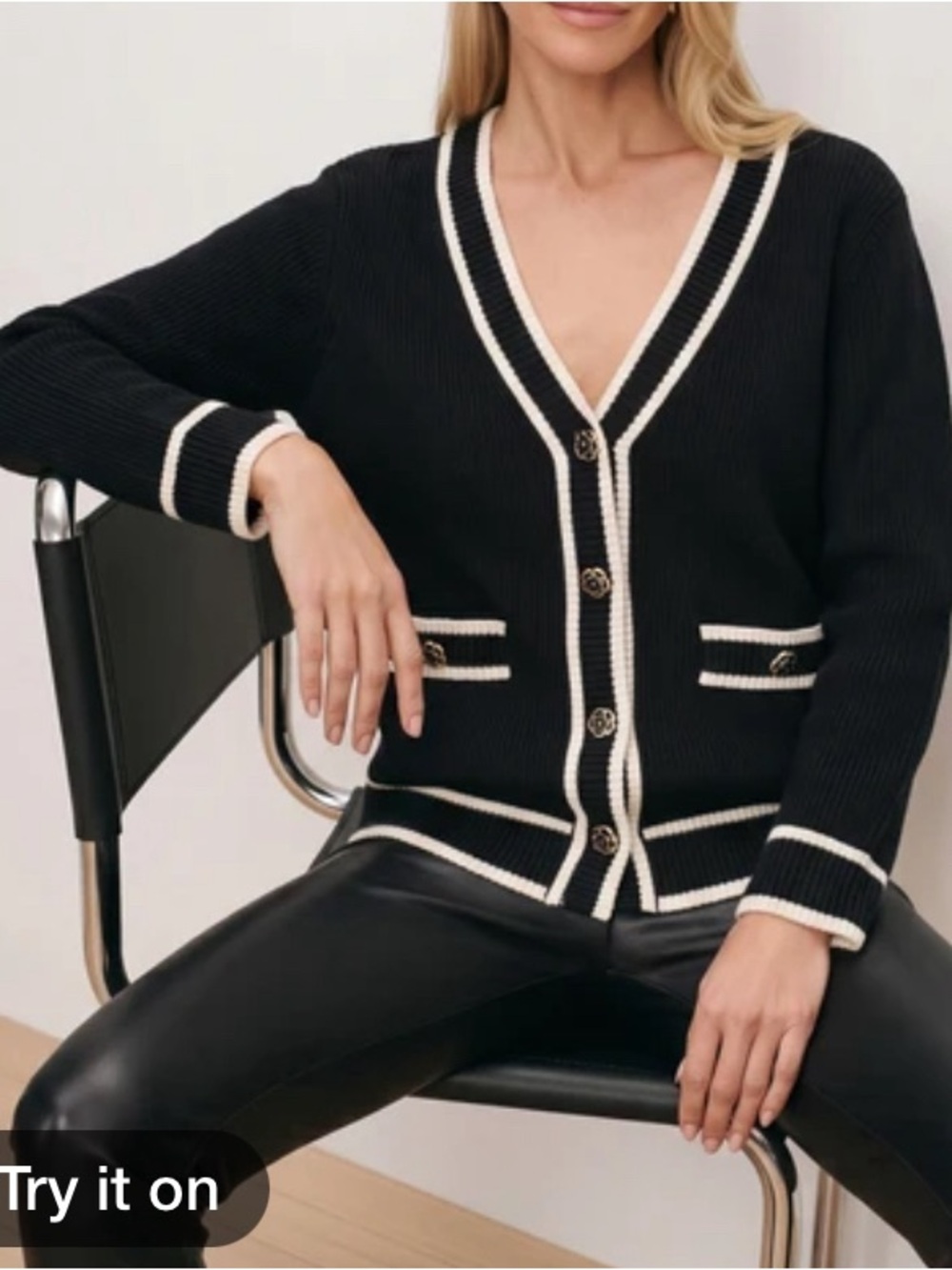 Boston Proper Black V-Neck Cardigan with White Trim
